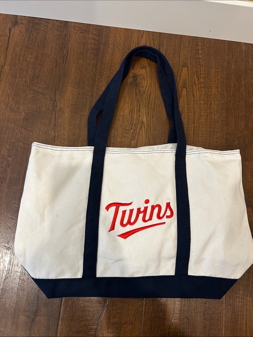 Twins Canvas Tote Bag - White & Navy with Red Logo